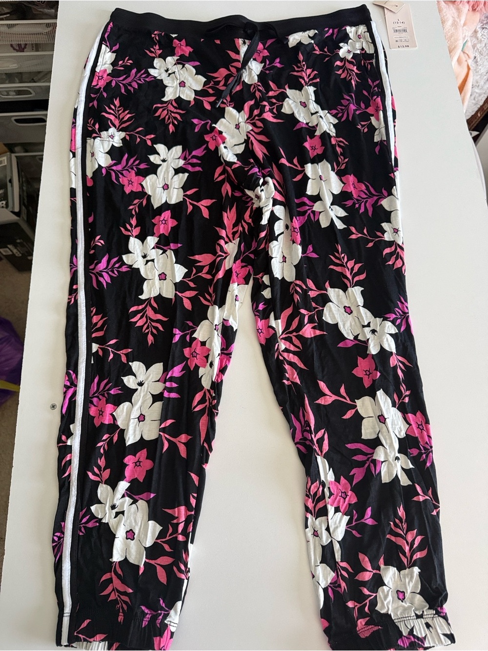Secret Treasures Black Jogger Pants with Pink & White Floral Print
